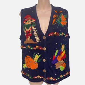 Bobbie Brooks Vtg Cardigan Sweater Vest Blue Novelty Fall Harvest Festival Small